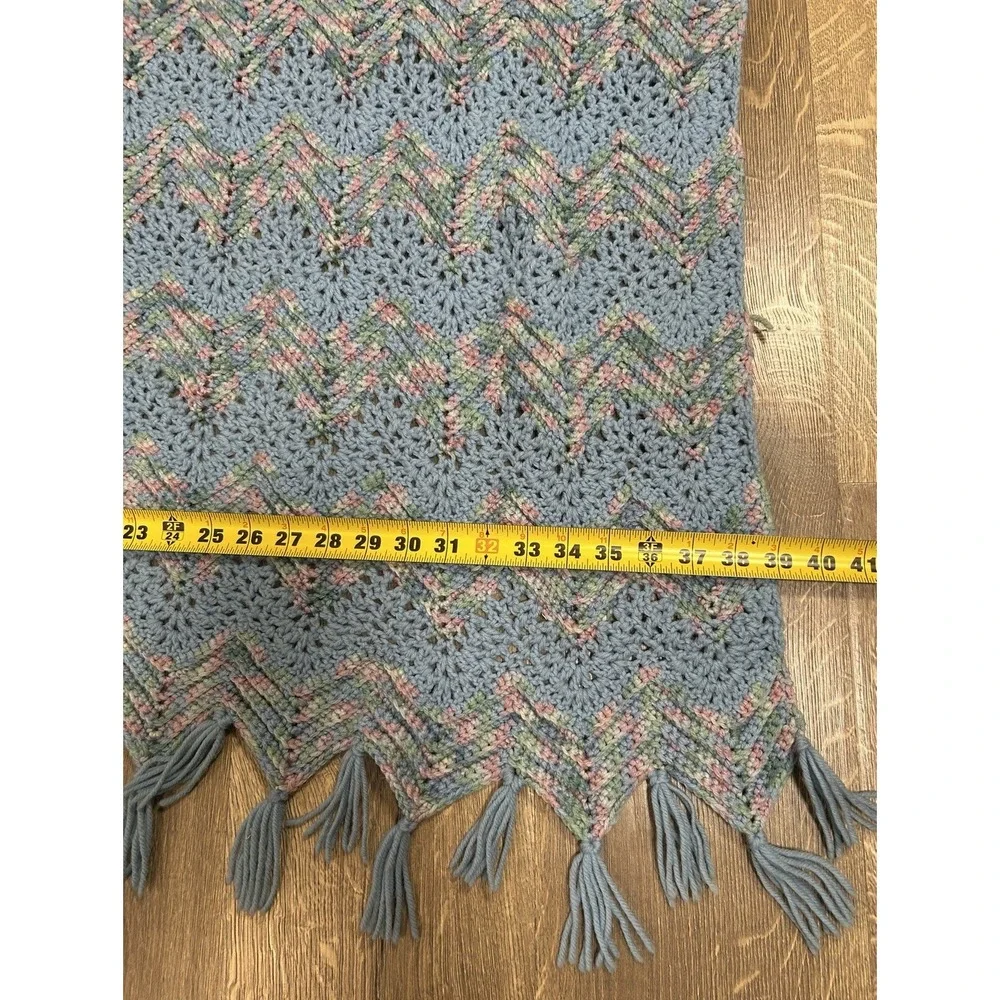 Hand Crocheted Chevron Pattern Afghan Throw Blanket Tassle Fringe Trim Blue